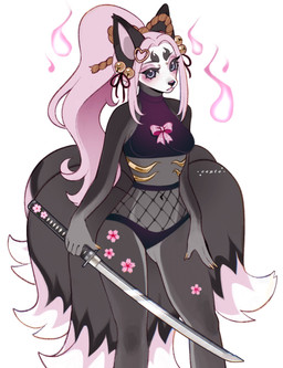 5_fingers 6_tails accessory anthro black_eyes butt butt_from_the_front clothing crop_top eyelashes female fingers flower hair hair_accessory hairclip holding_katana holding_melee_weapon holding_object holding_sword holding_weapon katana long_hair melee_weapon multi_tail navel pink_eyelids pink_flower pink_hair plant ponytail shirt simple_background small_waist snout solo sword tail topwear weapon white_background cepto_(artist) canid canine fox mammal colored digital_drawing_(artwork) digital_media_(artwork) hi_res shaded
