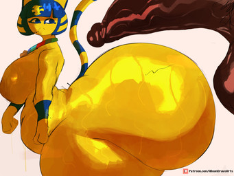 anthro areola balls belly big_balls big_belly big_breasts big_butt big_penis blue_hair bodily_fluids breasts brown_penis butt disembodied_penis duo erection female frown genitals hair huge_balls huge_breasts huge_butt huge_hips huge_penis huge_thighs hyper hyper_balls hyper_butt hyper_genitalia hyper_hips hyper_penis hyper_thighs looking_back male markings nude orange_areola overweight overweight_anthro overweight_female penis solo_focus striped_markings striped_tail stripes sweat sweaty_butt tail tail_markings thick_thighs wide_hips yellow_body adawndraws animal_crossing nintendo ankha_(animal_crossing) domestic_cat felid feline felis mammal 2025 4:3 absurd_res hi_res