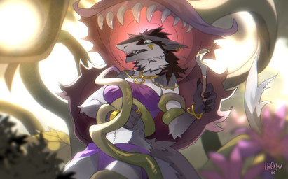 bottomwear claws clothing female harem_outfit imminent_vore jewelry knife loincloth open_mouth outside plant plant_pred plant_tentacles solo surprised lingrimm arifa sergal