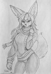 anthro clothing cold female handwear leggings leggings_only legwear mittens scarf solo sweater text topwear winter omgawd feeny_(omgawd) canid canine fennec_fox fox mammal true_fox english_text hi_res monochrome sketch