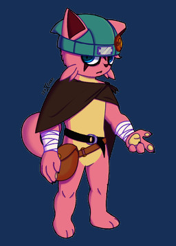 anthro bag bandage belt belt_buckle buckle cape clothing fur handpaw hat headgear headwear male paws pink_body pink_fur scar simple_background solo transparent_background lex_shao palworld pocketpair cattiva felid mammal pal_(species) alpha_channel hi_res