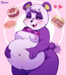 anthro areola belly belly_focus big_belly biped black_nose blush blush_lines breasts burger cake clothing dessert dress eyelashes eyes_closed female food fur genitals hand_on_belly happy heart_symbol logo navel nipples obese obese_anthro obese_female open_mouth open_smile overweight overweight_anthro overweight_female pizza purple_body purple_fur pussy smile solo tail tail_motion tailwag white_body white_fur doronkomajo animal_crossing nintendo pinky_(animal_crossing) bear giant_panda mammal 2023 artist_logo dated hi_res