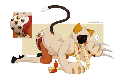 big_diaper clothed clothing cutaway diaper diaper_under_clothing feces full_diaper kneeling side_view soiled_diaper solo unclean_diaper used_diaper wearing_diaper merunyaa arc_system_works blazblue taokaka animal_humanoid humanoid