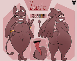 2_horns areola big_breasts big_butt black_eyes breasts brown_areola brown_body brown_nipples butt chain_collar collar color_swatch eyelashes fangs female genitals gesture half-closed_eyes hand_gesture horn huge_breasts huge_butt huge_hips huge_thighs narrowed_eyes nipples open_mouth open_smile red_background sharp_teeth simple_background smile solo spade_tail tail teeth text thick_thighs tongue tongue_out v_sign vulva white_sclera wide_hips luanctoons luxia_(luanctoons) demon humanoid 2025 absurd_res digital_media_(artwork) english_text hi_res model_sheet