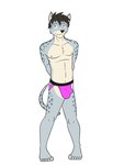 anthro clothed clothing erection erection_under_clothing felid fuze hands_behind_back hi_res jockstrap jockstrap_only male mammal navel nipples pantherine pinup pose simple_background snow_leopard solo topless underwear underwear_only viktor_(fuze) white_background
