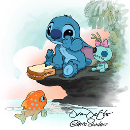 4_toes beach black_eyes blue_body blue_eyes blue_fur blue_pawpads bodily_fluids cliff crying day ears_down feet food fur holding_food holding_object holding_sandwich male no_sclera orange_body outside pawpads pivoted_ears rag_doll_(toy) sad sandwich_(food) sea sitting small_tail tail tears toes water chris_sanders dean_deblois disney lilo_and_stitch pudge_the_fish scrump stitch_(lilo_and_stitch) alien aquatic experiment_(lilo_and_stitch) fish inanimate_object 1:1 2026 artist_collaboration in_memoriam signature