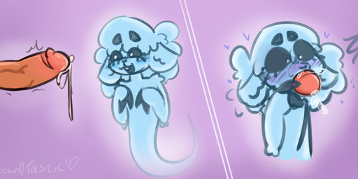 anthro blue_body bodily_fluids cum eyelashes fingers genital_fluids genitals glowing glowing_body heart_symbol hooved_fingers hooves horn leaking_cum male male/male penis precum solo_focus surprised throbbing throbbing_penis bean0tastic beanie_(bean0tastic) bovid caprine ghost mammal sheep spirit absurd_res digital_drawing_(artwork) digital_media_(artwork) hi_res