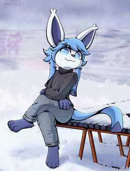 anthro bench blue_eyes bottomwear clothing jacket male pants sitting snow solo topwear coffeefly nintendo pokemon eeveelution generation_4_pokemon glaceon pokemon_(species) hi_res