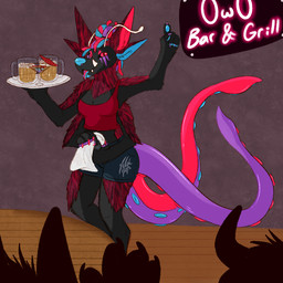 2_tails 4_arms 4_ears alcohol antennae_(anatomy) anthro bar bartender beer beverage big_breasts breasts claws clothed clothing dreadlocks female fur group hair looking_at_viewer multi_arm multi_ear multi_limb multi_tail open_mouth shirt simple_background smile solo tail tank_top tentacles text tongue topwear hazed bellatrix_(amanda) alien canid canine canis dobermann domestic_dog mammal pinscher 1:1 2021 digital_media_(artwork) shaded watermark