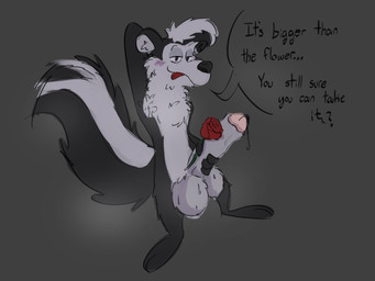 anthro balls big_balls big_penis biped black_body black_nose blush bodily_fluids comparing dialogue dirty_talk flower genitals hyper hyper_genitalia looking_at_viewer male musk penis plant rose_(flower) solo sweat sweaty_balls sweaty_genitalia talking_to_viewer tongue tongue_out icedoats looney_tunes warner_brothers pepe_le_pew mammal mephitid skunk 4:3 hi_res