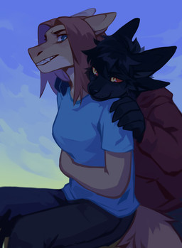 anthro black_hair blue_clothing blue_eyes blue_shirt blue_t-shirt blue_topwear bottomwear breasts brown_hair closed_smile clothed clothing duo female fur hair hoodie male medium_breasts messy_hair mouth_closed multi_ear orange_body orange_fur pants pupils red_clothing red_hoodie red_pupils red_sclera red_topwear shirt short_hair simple_background sitting smile t-shirt tan_body tan_fur three-quarter_view topwear unsigned yellow_eyes corzh77 mythology dragon felid furred_dragon furred_scalie mammal mythological_creature mythological_scalie scalie absurd_res hi_res