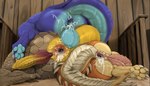 2_penises after_sex animal_genitalia animal_penis anus balls big_balls big_butt blue_body blue_scales bodily_fluids brown_body brown_scales butt butt_stack cum cum_drip cum_in_ass cum_inside diphallism dripping erection feral gaping gaping_anus genital_fluids genital_slit genitals group huge_balls inside knot leaking_cum male male/male multi_genitalia multi_penis penis presenting presenting_hindquarters scales stable trio ishiru mythology dragon mythological_creature mythological_scalie scalie hi_res