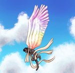 anthro black_hair cloth clothing cloud fur grey_body hair iridescent iridescent_feathers iridescent_wings male rainbow sky solo white_clothing wings dynogreeno angel canid canine mammal absurd_res hi_res