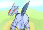 abstract_background anus balls big_balls blush butt cloud feral foreskin genitals grass looking_at_viewer male nest nude open_mouth penis plant presenting presenting_hindquarters rear_view solo teeth wings leskarmory nintendo pokemon le_skarmory_(character) avian bird generation_2_pokemon pokemon_(species) skarmory hi_res