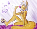 anthro collar flower food fur hair holding_flower holding_object holding_rose magic paws plant protective rose_(flower) rune simple_background sitting_in_bed smile teasing tongue tongue_out white_hair farfener links the_auroran_archives azee_(links) shiyan_(links) canid canine canis human mammal wolf 2023 absurd_res colored hi_res