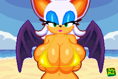 anthro beach big_breasts bikini breasts clothing female huge_breasts looking_at_viewer presenting presenting_breasts solo swimwear two-piece_swimsuit jelly_blox sega sonic_the_hedgehog_(series) rouge_the_bat bat mammal 3:2 digital_media_(artwork) pixel_(artwork)