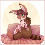 anthro brown_body brown_ears brown_fur brown_hair brown_nose clothing fur green_eyes hair hug hugging_object hugging_plushie kigurumi male multicolored_body multicolored_fur onesie plushie solo two_tone_body two_tone_fur white_body white_fur white_inner_ear young young_anthro young_male applepup lagomorph leporid mammal rabbit 2015