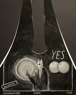 animal_genitalia animal_penis anthro black_background bloodshot_eyes border candle cloak clothing disembodied_eyes duo equine_genitalia equine_penis genitals holding_candle holding_object looking_up penis rim_light simple_background text view_between_legs worried sharkinthepark dr_knot_(sharkinthepark) canid canine mammal 2026 4:5 absurd_res charcoal_(artwork) comic english_text hi_res traditional_media_(artwork)