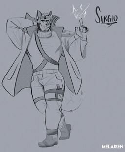 anthro beard belt boots bottomwear clothed clothed_anthro clothed_male clothing coat eyebrows facial_hair footwear fully_clothed fully_clothed_anthro fully_clothed_male gesture hair hand_behind_head hand_gesture jacket male male_anthro open_mouth open_smile pants raised_finger raised_index_finger shoes smile solo sweater teeth text topwear melaisen sergio_(melaisen) canid canine canis domestic_dog mammal 2022 absurd_res artist_name character_name full-length_portrait greyscale hi_res monochrome portrait