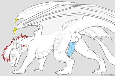 anthro anus balls blue_eyes claws erection feral genitals hair horn knot knotted_penis looking_at_viewer male nude penis presenting quadruped scales smile solo standing tail white_body white_tail white_wings wings michikitten mythology fry_(frythedragon) dragon mythological_creature mythological_scalie scalie