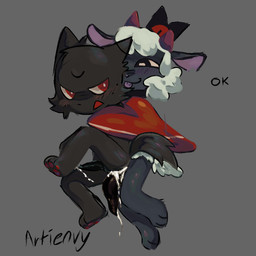 annoyed anthro black_body black_fur black_penis black_tail blush blush_lines bodily_fluids clothed clothing crown cum cum_inside duo ears_back ejaculation eye_contact fluffy fluffy_tail fur genital_fluids genitals glistening glistening_genitalia glistening_penis happy headgear horn looking_at_another looking_at_partner male male/male partially_clothed pawpads penis pivoted_ears red_clothing red_eyes red_pawpads short_tail tail tapering_penis tongue tongue_out white_body white_fur white_tail white_wool wool_(fur) artienvy cult_of_the_lamb massive_monster_(studio) lamb_(cult_of_the_lamb) narinder bovid caprine domestic_cat felid feline felis mammal sheep 1:1