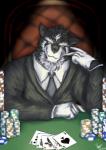 5_fingers ace_of_spades anthro biped black_body black_fur card chair clothed clothing dress_shirt fingers flush_(poker_hand) front_view fur furniture gloves handwear jack_of_spades jacket king_of_spades looking_at_viewer male muscular muscular_anthro muscular_male necktie playing_card poker poker_chip queen_of_spades royal_flush shirt sitting smile solo stack standard_playing_card straight_(poker_hand) straight_flush ten_of_spades topwear white_body white_fur dingding_(artist) canid canine mammal 2016 detailed