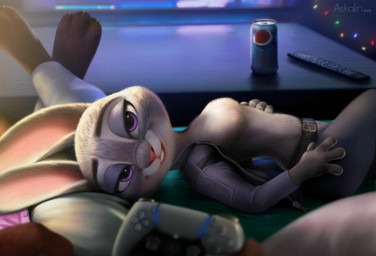 anthro bedroom_eyes beverage_can breasts christmas_decorations christmas_lights clothed clothing coffee_table controller crossed_legs duo electronics faceless_character faceless_male featureless_breasts female furniture game_controller hand_on_hip hand_on_own_hip hand_on_own_torso hand_on_torso head_on_lap jacket lying male male/female narrowed_eyes no_shirt offscreen_male on_lap on_sofa pillow playstation_controller seductive shirtless_female sofa table television topwear tv_remote unzipped_jacket askalin disney pepsi playstation sony_corporation sony_interactive_entertainment zootopia judy_hopps nick_wilde canid canine european_rabbit fox lagomorph leporid mammal oryctolagus rabbit red_fox true_fox digital_media_(artwork)
