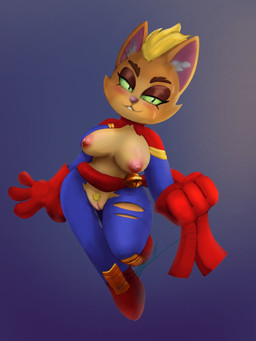 alternate_species anthro bedroom_eyes bell big_breasts bite biting_lip blonde_hair blonde_pubes blush bodily_fluids breasts cheek_tuft clothing crotch_tuft dripping eyelashes facial_tuft female flying genital_fluids genitals green_sclera hair inner_ear_fluff jingle_bell narrowed_eyes pubes pupils seductive slit_pupils solo superhero sweat torn_clothing tuft vaginal_fluid_drip vaginal_fluids vaginal_fluids_on_leg vulva wide_hips jorginator captain_marvel captain_meowvel domestic_cat felid feline felis mammal 2024 3:4