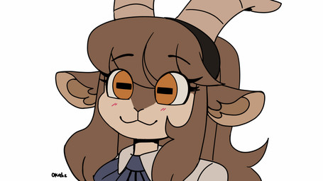 2_horns :3 accessory anthro blinking brown_hair clothed clothed_anthro clothed_female clothing ear_twitch eyebrow_through_hair eyebrows eyelashes female female_anthro hair hair_accessory hairband horizontal_pupils horn inner_ear_fluff long_hair orange_eyes pupils simple_background smile solo translucent translucent_hair tuft white_background okaliz adeline_(okaliz) bovid caprine goat mammal 16:9 2026 animated widescreen