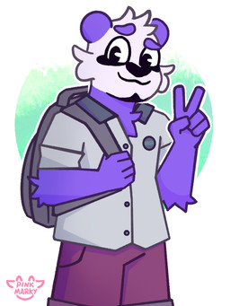 anthro backpack clothed clothing fur gesture hand_gesture looking_at_viewer male purple_body purple_fur simple_background smile solo uniform v_sign white_body white_fur pink_marky oliver_(pink_marky) bear giant_panda mammal 3:4 hi_res shaded simple_shading