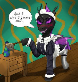 blush cleaning clothing fangs femboy feral horn inside legwear maid_uniform male purple_eyes solo speech_bubble stockings teeth uniform wings john_pepsi equestria_at_war friendship_is_magic hasbro my_little_pony fan_character mueller_soryth arthropod changeling_(mlp) absurd_res hi_res