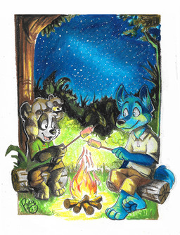 ambiguous_feral ambiguous_gender anthro black_body black_fur blue_body blue_eyes blue_fur bottomwear brown_bottomwear brown_clothing brown_shorts candy closed_smile clothed clothing dessert eyes_closed feral food fur green_clothing green_topwear grey_body grey_fur group logo male male_anthro marshmallow mouth_closed night open_mouth open_smile outside shirt shorts sitting smile t-shirt topwear trio white_body white_clothing white_fur white_shirt white_t-shirt white_topwear young young_anthro young_male pandapaco bear canid canine giant_panda mammal procyonid raccoon artist_logo signature