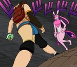 anthro backpack belt black_clothing brown_belt chest_tuft clothed clothing duo female hair long_hair male nude pal_sphere parody pink_body pink_hair purple_eyes tuft quake-1 jojo's_bizarre_adventure menacing_approach palworld pocketpair pal_tamer human humanoid lovander mammal pal_(species) scalie absurd_res hi_res meme