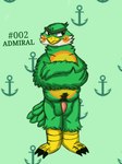 anthro balls belly_hair bird_penis body_hair crossed_arms eyebrows feathers genitals green_body grumpy male rosy_cheeks slightly_chubby slightly_chubby_male solo tail tail_feathers unibrow onikuma_(artist) animal_crossing nintendo admiral_(animal_crossing) avian bird 3:4