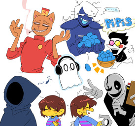 5_fingers armor basket black_clothing black_hair black_shirt black_topwear blue_cloak blue_clothing blue_shirt blue_topwear bodily_fluids bone brown_hair cheek_spots cigarette cigarette_in_mouth clipboard cloak clothing container disembodied_hand duo egg electronics emanata eyelashes eyewear fingers glasses goo-connected_lips grin hair hat headgear headphones headwear holding_clipboard holding_egg holding_object hood musical_note musical_symbol object_in_mouth open_mouth pattern_clothing pattern_shirt pattern_topwear pauldron pink_inner_ear pipis_(deltarune) pupils red_clothing red_shirt red_topwear round_glasses shirt simple_background skeleton smile smoke smoking solo speech_bubble striped_clothing striped_shirt striped_topwear stripes sweat sweatdrop symbol thought_bubble topwear white_background white_hair white_pupils yellow_body yellow_skin kkupii deltarune undertale undertale_(series) frisk_(undertale) gaster napstablook river_person_(undertale) rouxls_kaard spamton_g._spamton addison_(deltarune) animated_skeleton darkner domestic_cat felid feline felis ghost human humanoid mammal soul_(undertale) spirit undead 2024 hi_res multiple_images
