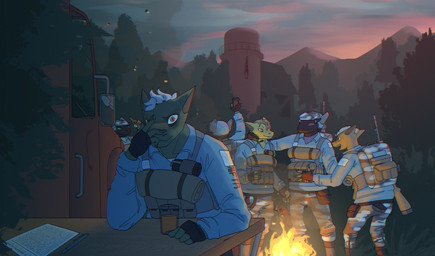 4_fingers alcohol ambiguous_gender anthro armor backpack balaclava beverage blue_clothing blue_shirt blue_topwear body_armor bottle bottomwear building camo camo_bottomwear camo_clothing camo_pants camo_print campfire cheering clothed clothing container embers explosives fingerless_gloves fingers fire forest furniture gas_mask glass gloves grenade group gun hair handwear happy headgear helmet holding_bottle holding_container holding_glass holding_object looking_at_another mask military military_uniform open_mouth open_smile outside pants paper pattern_bottomwear pattern_clothing pattern_pants pencil_(object) plant ranged_weapon regret rifle shirt smile soldier standing stare sunset table text topwear tower tree truck uniform vehicle warrior weapon white_hair skalamari project_silverfish inheritor lizard reptile scalie 2026 hi_res