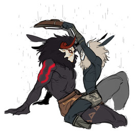 bandage black_body black_mane clothed clothing duo eye_contact horn looking_at_another male male/male mane markings nipples partially_clothed pecs raining shield simple_background sitting topless topless_male white_background moldynomad genshin_impact mihoyo hilichurl mitachurl hi_res
