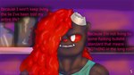 age_difference anthro big_breasts breasts clothing gynomorph hair herm horn intersex intersex/intersex kitchen morning muscular older_intersex red_eyes red_hair red_nose reflection sharp_teeth shirt teeth topwear underbite ozzie_the_otter olivia_trea demon hybrid mammal mustelid otter hi_res intersex_(lore)