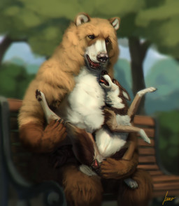 animal_genitalia animal_vulva anthro anthro_on_feral bench bestiality breath brown_body brown_fur canine_genitalia canine_vulva duo female feral fur genitals holding_leg interspecies looking_at_another male male/female on_lap outside panting park park_bench paws plant public semi-anthro sitting spread_vulva spreading tree vulva white_body white_fur fokker_(artist) juniper_(fishymishy) mishka_(fishymishy) bear canid canine canis deer hybrid mammal wolf 2025 absurd_res hi_res