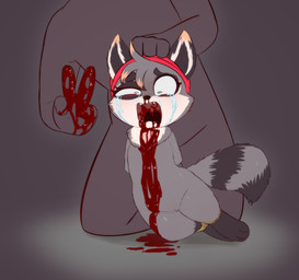 3_toes 4_fingers anthro blood bodily_fluids bound colombian_necktie cruelty cute_fangs duo dying execution faceless_character faceless_male fangs feet female fingers flat_chested genitals gesture gore hand_gesture helpless imminent_death killing male markings pear-shaped_figure pointy_ears prick_ears ring_(marking) ringed_tail ryona screaming slit_throat striped_markings striped_tail stripes tail tail_markings teeth toes torture v_sign vulva wide_hips e254e miko's_trash_can mammal procyonid raccoon absurd_res hi_res