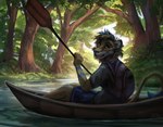 anthro backpack blue_body blue_fur blue_hair boat clothed clothing fur hair looking_at_viewer male oar outside paddle river shirt sitting solo topwear vehicle watercraft yellow_body yellow_fur jacato felid lion mammal pantherine 2020 hi_res