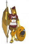4_toes 5_fingers abs anthro armed armor beak brown_body claws clothed clothing feathered_wings feathers feet finger_claws fingers footwear greek_clothing headgear headwear helmet holding_object hoplite legwear male melee_weapon military military_uniform muscular muscular_anthro muscular_male polearm sandals shield shoes simple_background soldier solo tail toe_claws toes uniform warrior weapon wings draco-rex_(artist) mythology pyronite(commissioner) carpo avian gryphon mythological_avian mythological_creature hi_res