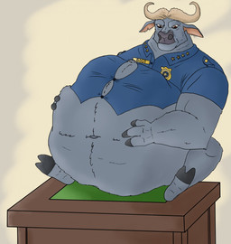 anthro belly big_belly brown_eyes fur grey_body grey_fur hooves horn huge_belly male male_pred same_size_vore vore korsah disney zootopia chief_bogo buffalo hi_res