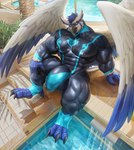 abs anthro balls biceps big_balls big_penis blue_body blue_feathers blue_hair blue_talons bodysuit bulge claws clothing day eye_mask feathers feet finger_claws genitals hair humanoid_genitalia humanoid_penis latex latex_clothing latex_skinsuit male muscular muscular_thighs nipple_outline obliques outside palm_tree pecs penis plant quads rubber_clothing skinsuit solo steps swimming_pool swimwear talons tight_clothing toe_claws toes tree water white_body white_feathers wings yellow_sclera takahirosi sova avian bird owl 2021 hi_res