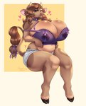 anthro belly big_belly big_breasts bite biting_lip biting_own_lip blue_eyes bodily_fluids bottomwear breasts brown_body brown_fur brown_hair clothed clothing female fur hair hotpants huge_breasts lactating lactating_through_clothing long_hair looking_at_viewer orange_eyes overweight overweight_anthro overweight_female purple_clothing purple_topwear self_bite shorts simple_background sitting solo tail tail_tuft topwear tuft wet wet_clothing white_bottomwear white_clothing white_hotpants white_shorts tiggybloom bovid bovine cattle mammal 2025 dated hi_res