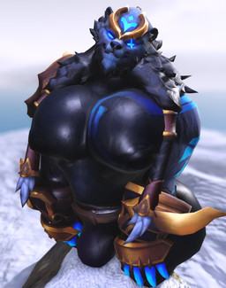 anthro armor bedroom_eyes big_butt big_muscles big_pecs black_body black_ears black_fur black_nipples black_nose blue_body blue_claws blue_eyes blue_fur bulge butt claws clothing eye_scar facial_scar fur gauntlets glistening glistening_eyes gloves half-closed_eyes handwear huge_butt kneeling looking_at_viewer male multicolored_body multicolored_fur muscular muscular_anthro muscular_male narrowed_eyes nipples on_snow outside pecs scar seductive shoulder_pads smile snow solo thick_thighs three-quarter_view two_tone_body two_tone_fur willie_piv league_of_legends riot_games tencent volibear bear mammal 2025 3d_(artwork) digital_media_(artwork) hi_res