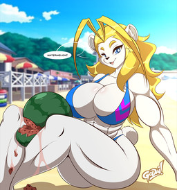 anthro big_breasts bikini blonde_hair breasts cleavage clothed clothing female food fruit hair melon plant swimwear thick_thighs two-piece_swimsuit watermelon mastergodai bear mammal polar_bear ursine 2023