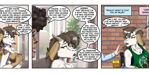 afro angry anthro beverage bracelet breasts brown_eyes brown_hair cheek_tuft chest_tuft clothed clothed_anthro clothed_female clothing coffee_cup container cup dark_body dark_skin dialogue ear_piercing ear_ring faceless_character faceless_human facial_tuft female fur green_eyes hair hand_on_breast hand_on_hip holding_beverage holding_coffee_cup holding_container holding_cup holding_object horn inside jewelry looking_at_another looking_back looking_back_at_another multicolored_body multicolored_fur navel necklace nipples nude nude_female nude_human piercing profanity ring_piercing text tuft style_wager brave_new_world_(style_wager) furafterdark i_mean_breast_milk starbucks billie_gruff flo_munroe human mammal comic english_text meme