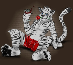 anthro black_body black_ears black_fur black_pawpads black_stripes black_tail blue_eyes bulge clothed clothing container cup detailed_bulge drinking_glass erection erection_under_clothing flower flower_in_mouth front_view fur genital_outline glass glass_container glass_cup glistening glistening_eyes glistening_pawpads grin head_tuft inner_ear_fluff leaning leaning_backward male markings navel pawpads penis_outline plant rose_(flower) rose_in_mouth sitting smile solo spread_legs spreading striped_arms striped_legs striped_markings striped_tail stripes tail tail_markings tuft unsigned white_body white_fur white_inner_ear white_inner_ear_fluff white_tail wine_glass yaoifairy felid mammal pantherine tiger