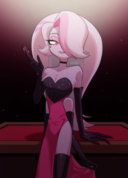 4_arms clothed clothing crossdressing crossdressing_male drag_queen dress eyelashes eyeshadow freckled_shoulders freckles glistening_eyelids hair hair_over_eye long_eyelashes makeup male multi_arm multi_limb pink_clothing pink_dress pink_eyeshadow poker_chip solo wig enaic31 hazbin_hotel hellaverse angel_dust arachnid arthropod demon humanoid spider absurd_res hi_res